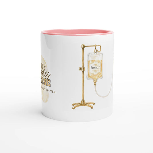 Vit mugg med rosa handtag och illustration av prosecco-dropp, humoristisk present till sjuksköterska eller undersköterska