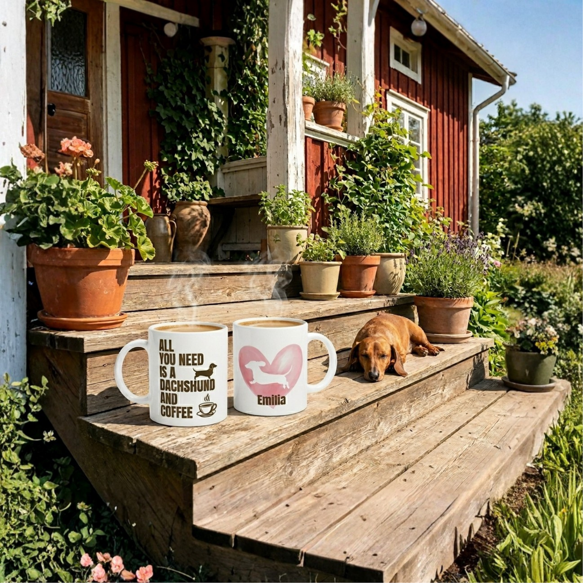 Vit keramikmugg med tax-silhuett och anpassningsbart namn, presentbild