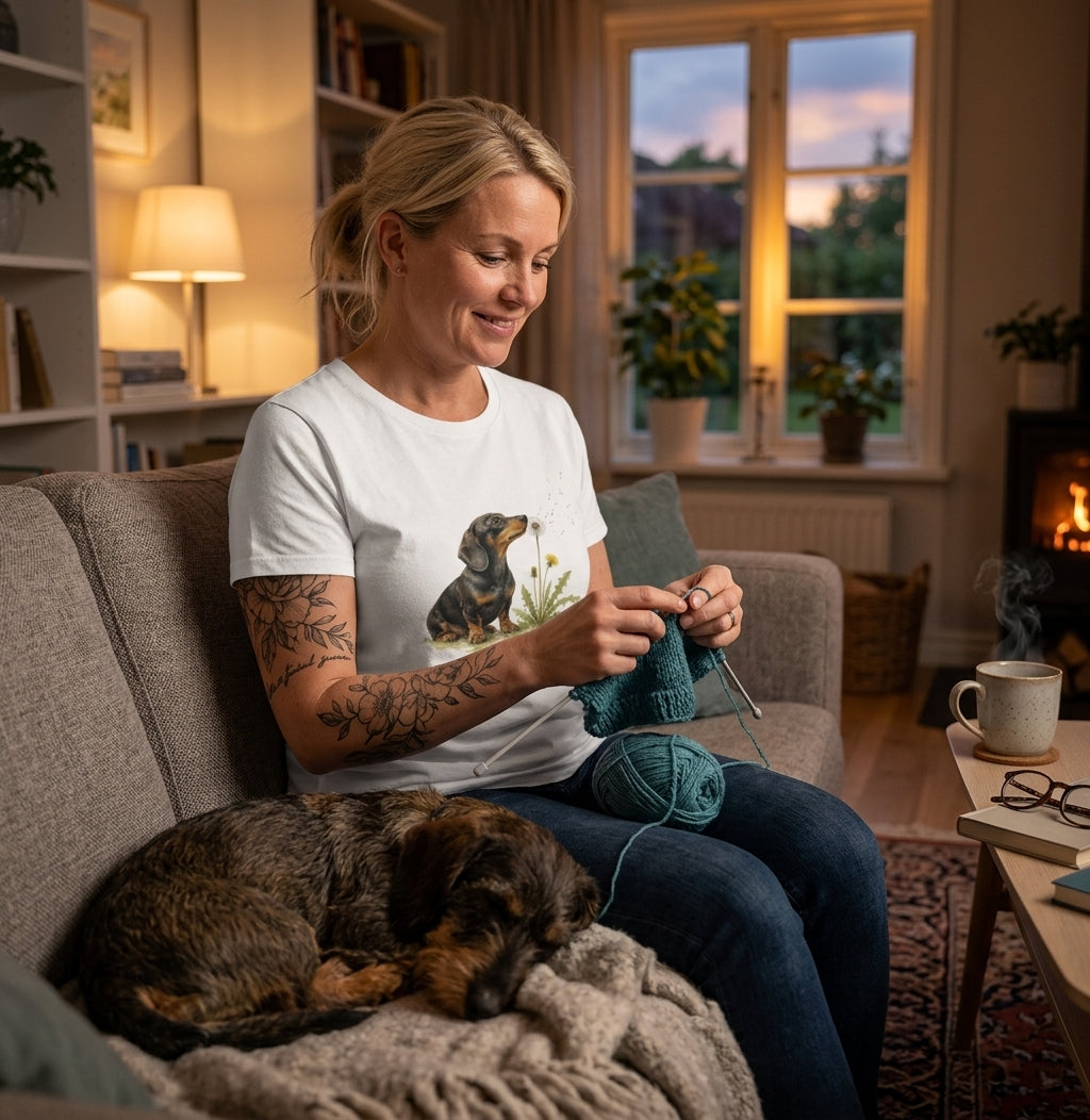 Närbild på taxt-shirt med maskrosmotiv i akvarellstil