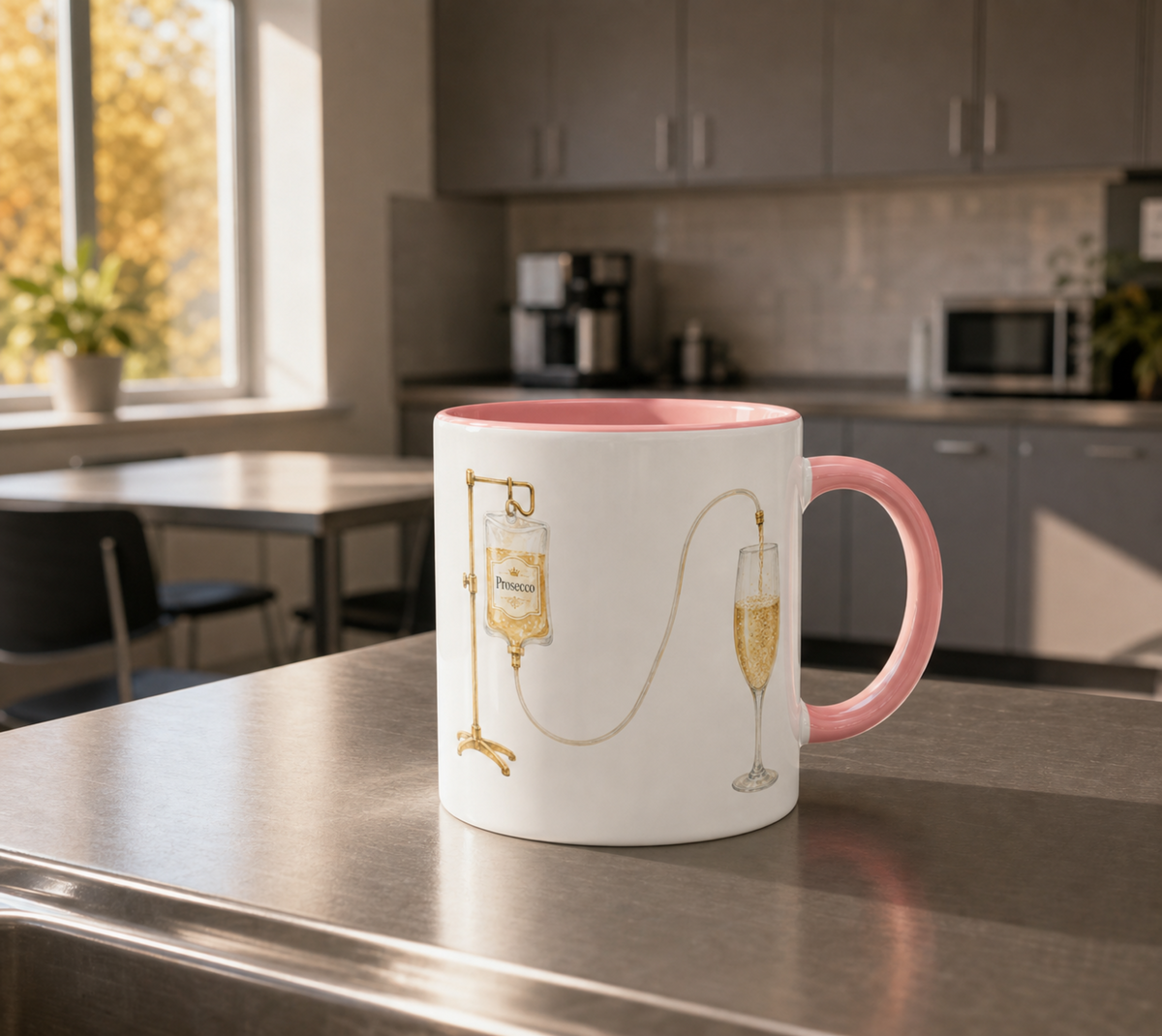 Mugg med proseccodropp, present till sjuksköterska, undersköterska eller läkare
