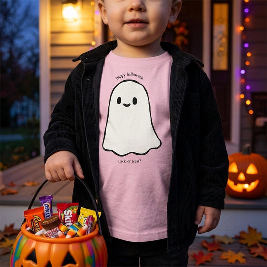 rosa t-shirt för barn med spöke och text trick or treat