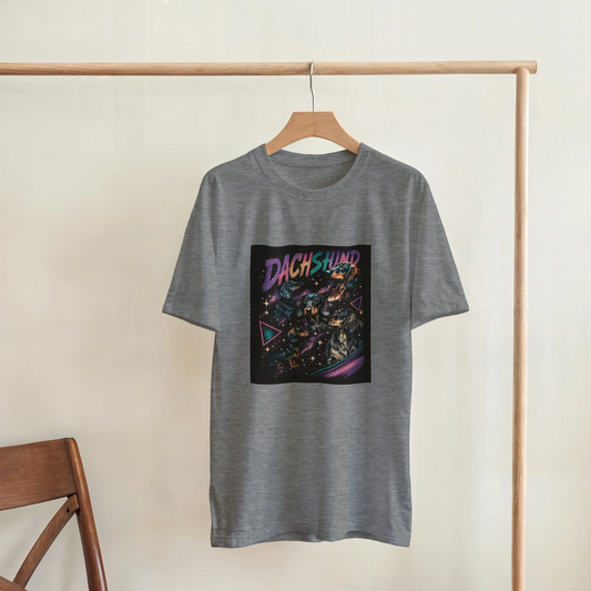 Grå kortärmad t-shirt med svart bild i 90-talsstil med taxar.