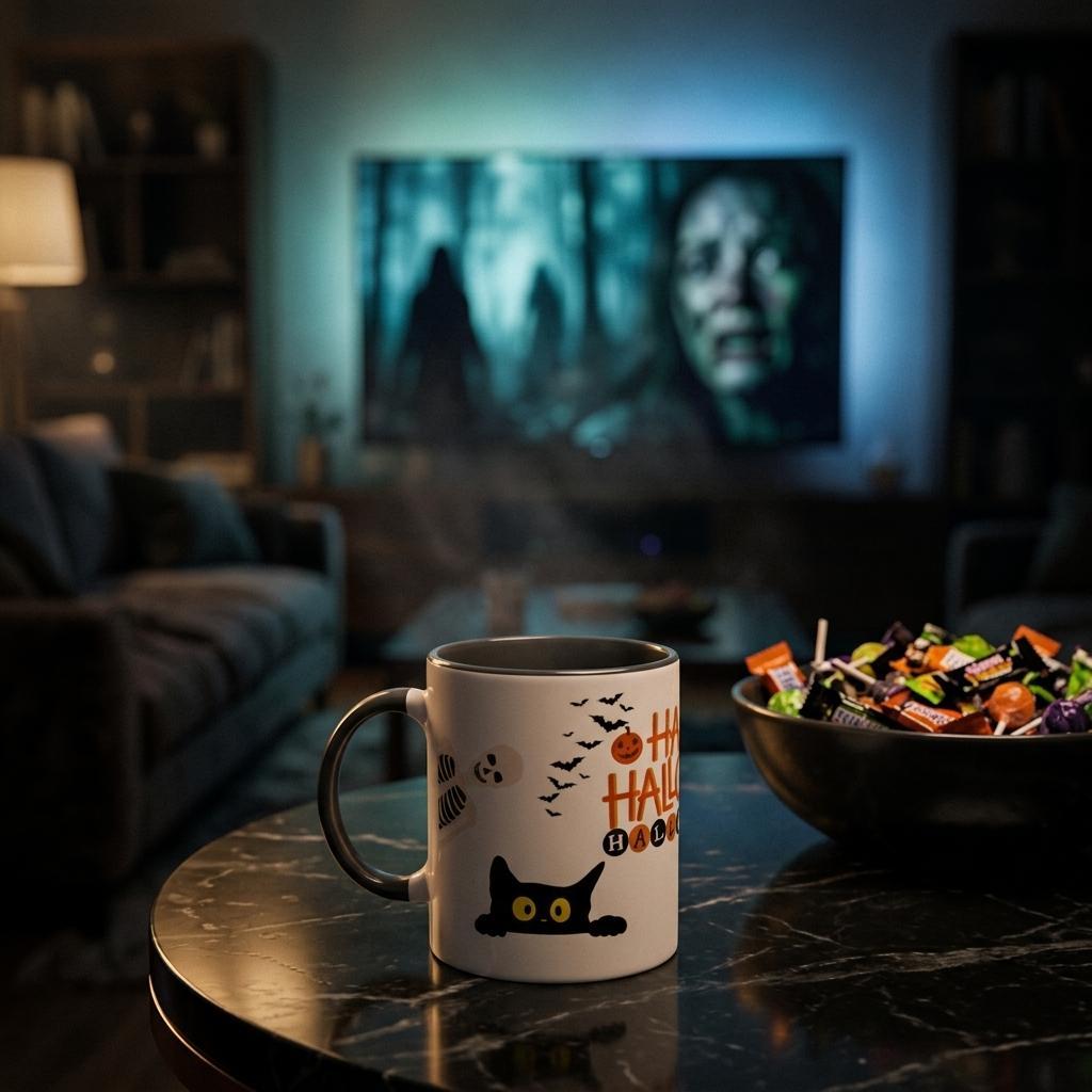 halloween mugg på ett svart marmorbord fladdermöss katt skelett