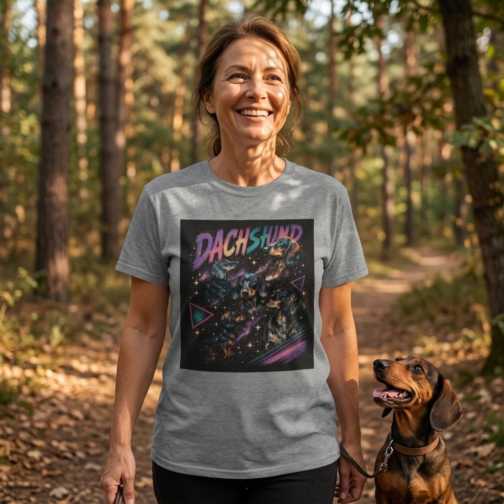 Modell bär t-shirt med taxmotiv i 90-talsstil