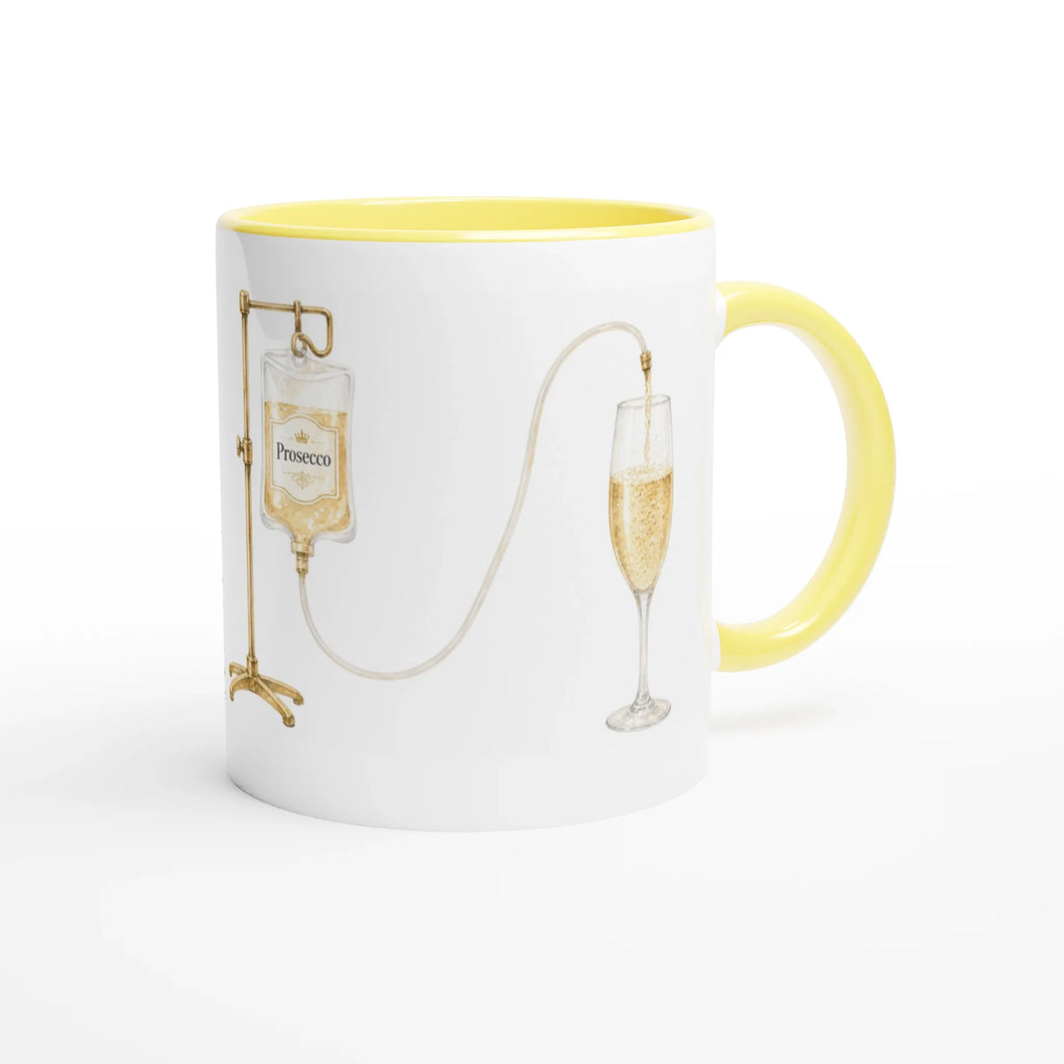 Proseccodroppmugg sedd från sidan, keramikmugg med handtag