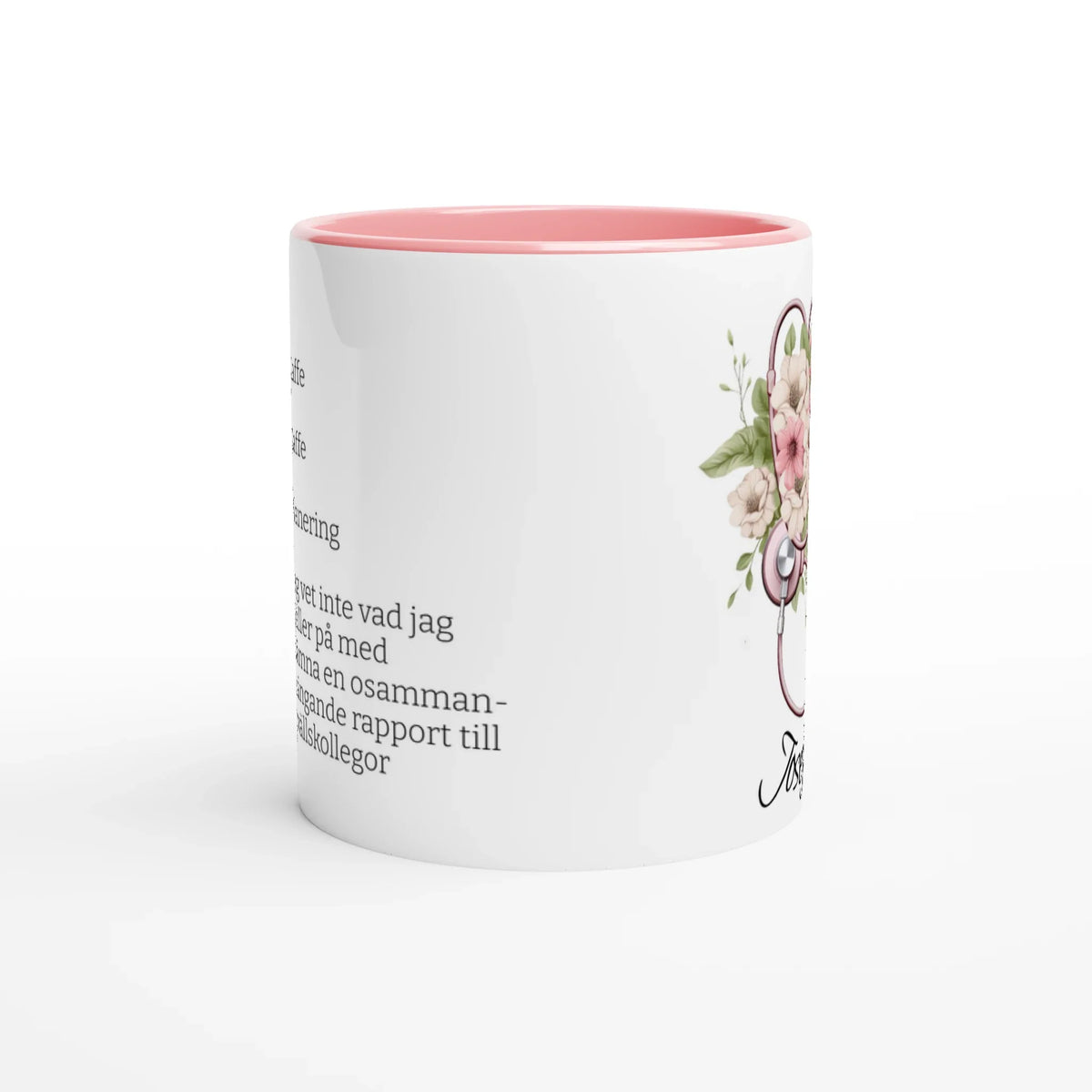 Närbild på tryck med stetoskop och blommor, personlig sjuksköterskemugg