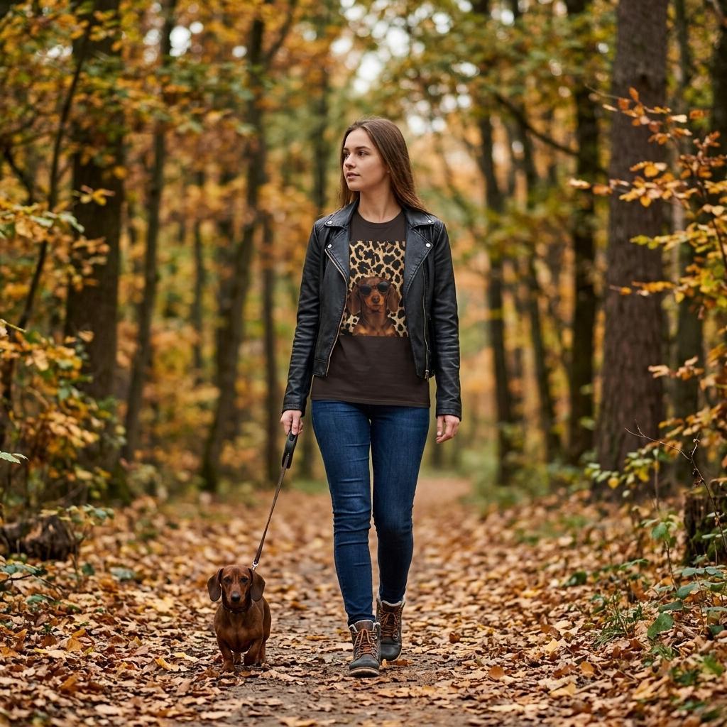 svart t-shirt med leopardmönster och en brun korthårig tax i solglasögon
