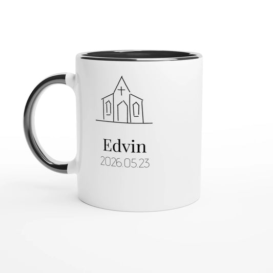 Konfirmationsugg med kyrka namn och datum. Vit med svart insida.