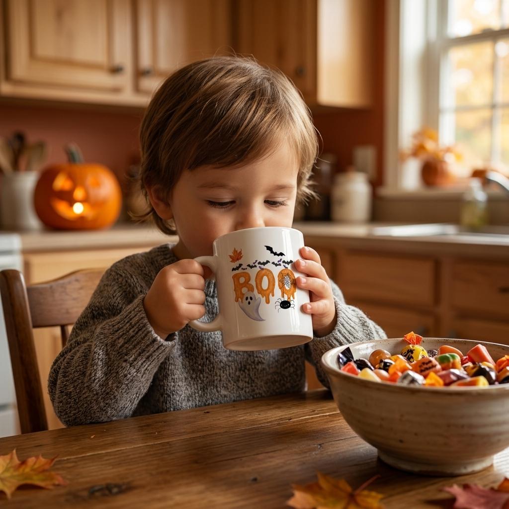 en liten pojke dricker ur en vit keramikmugg med halloween motiv - texten boo syns, spöke och fladdermöss