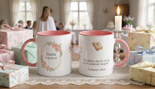 Vit keramikmugg ed rosa insida. Namn, datum och bibeltext. Blommig ram.