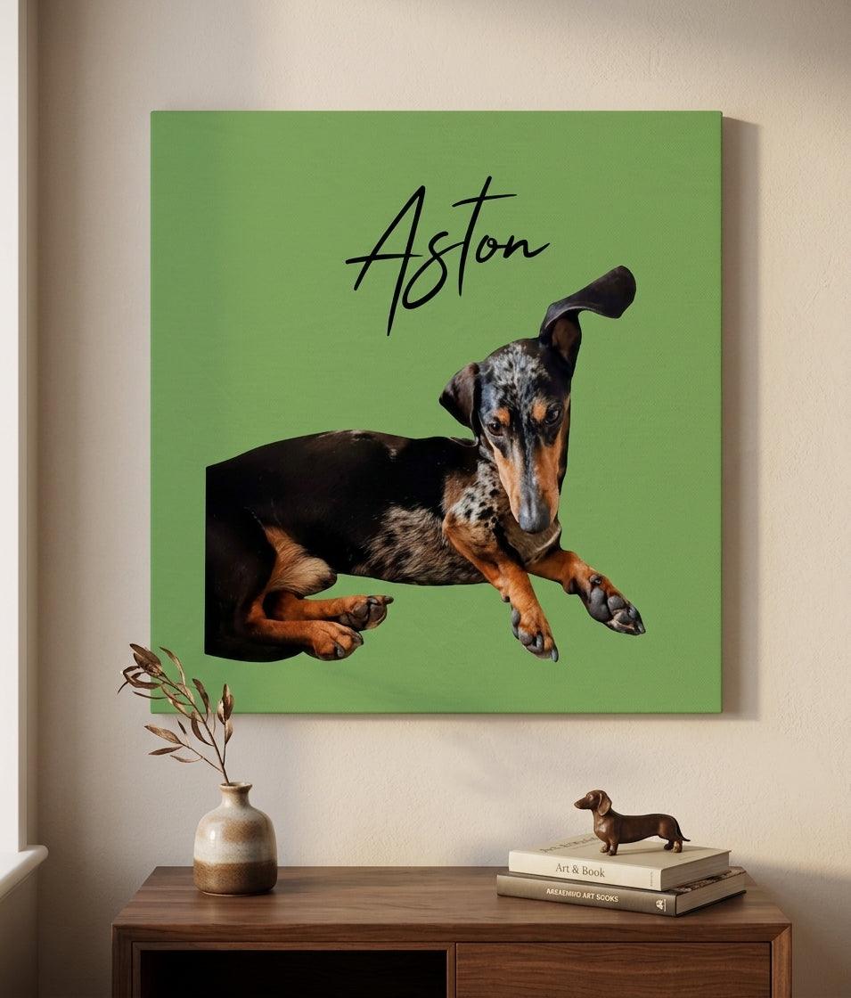 grön canvastavla med hund och hundens namn